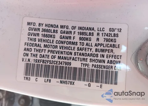 2012 Honda Civic Lx from USA, damaged, VIN 19XFB2F52CE347909